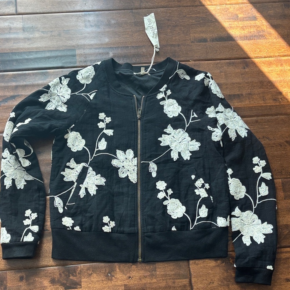 Mystree Black Bomber Jacket with White Floral Embroidery